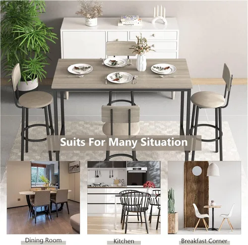 Vista 6 de Moderno juego de mesa y silla de bar para 4 mesas y taburetes de altura de mostrador con respaldo, mesa de comedor rectangular, juego de 5