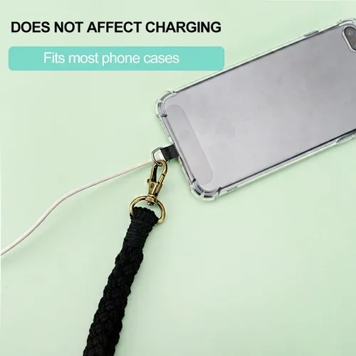 Vista 4 de Correa de muñeca para teléfono estilo boho macramé, cordón para teléfono celular con pestaña de anclaje, llavero con dije para muñeca, cadena