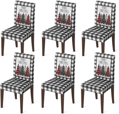 Vista 7 de Horaldaily 4 fundas para sillas de comedor de Navidad, diseño de árboles de búfalo negro, elástico, extraíble, lavable, protector de silla