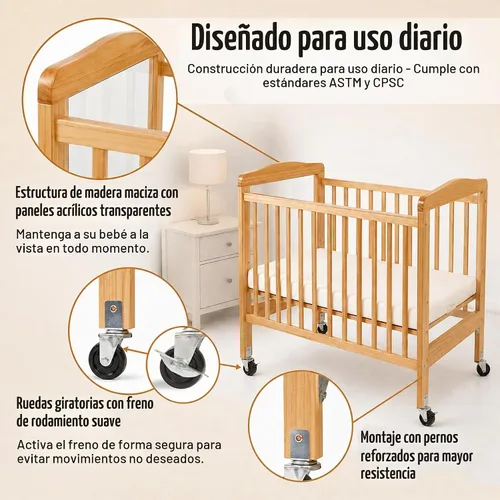 Vista 4 de L.A. Baby Cuna de madera, mini cuna portátil con colchón incluido