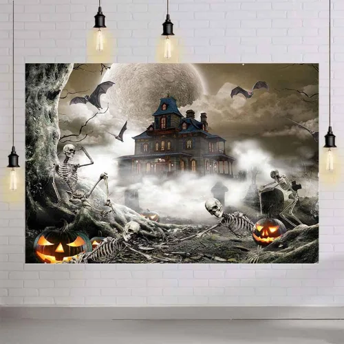 Vista 4 de AIBIIN Telón de fondo de fotografía gris de Halloween de 8 x 6 pies, luna llena, noche de miedo, fantasma, castillo, fondo para fotos, calabaza