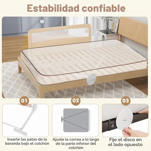 Vista 4 de BABY JOY Rieles de cama para niños pequeños, 59 pulgadas, extra largo, protector de cama abatible con correa de seguridad, barandilla plegable