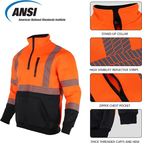 Vista 4 de VENDACE Hi Vis Safety Reflective Sweatshirt for Men ANSI Class 3 High Visibility Fleece 1/4 Zipper Jacket No Hood Naranja