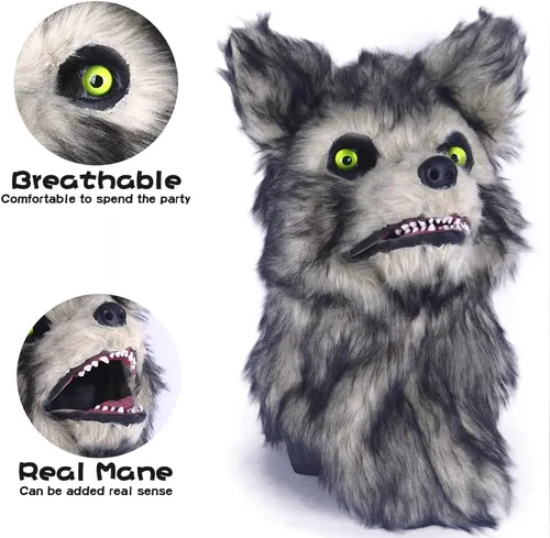 Vista 4 de Cosermart Máscara de lobo de zorro peludo, máscaras divertidas para perros, oso aterrador, mandíbula móvil realista, cabeza de animal de piel