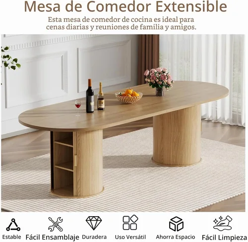 Vista 4 de Mesa de comedor redonda extensible con base de almacenamiento, mesa de comedor expandible natural de 63 a 94 pulgadas para 10 personas, mesa