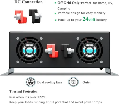 Vista 3 de Inversor de corriente de onda sinusoidal pura de 3000 W, 24 VCC a 120 VCA, 6000 W, pico de arranque suave integrado, 2 salidas de CA duales de CA 2