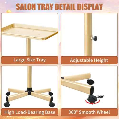 Vista 6 de Bandeja rodante de salón Champagne Colden con ruedas, bandeja de color ajustable para tatuaje (Oro Champán)