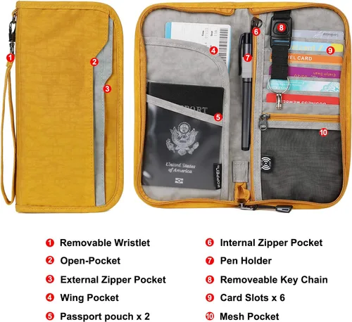 Vista 2 de ZOPPEN Cartera de viaje RFID y organizador de documentos con cremallera con correa de muñeca extraíble, Cartera RFID