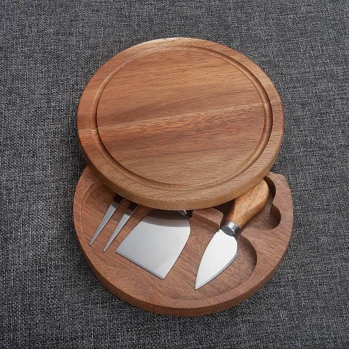 Vista 5 de Tabla redonda de madera de acacia para servir queso y juego de 3 herramientas de queso, 7.5 pulgadas de diámetro, ideal para bodas, cumpleaños