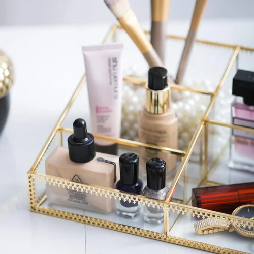 Vista 4 de Organizador de maquillaje antiguo para encimera, caja de almacenamiento de cosméticos de cristal, soporte de gran capacidad para pinceles, lápices