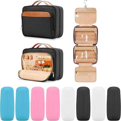 Vista 16 de Bolsa de aseo colgante de viaje para mujeres y hombres, con 6 cubiertas de botellas de silicona a prueba de fugas, accesorios impermeables