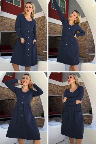 Vista 2 de OUGES Vestido skater con botones y cuello en V para mujer con bolsillos