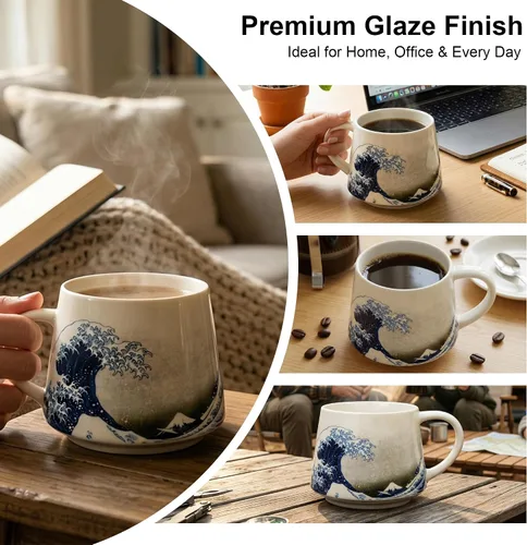 Vista 6 de Topadorn Taza de Cerámica de Porcelana Taza de Café The Great Wave Taza de Café con Caja de Regalo, 13 oz.