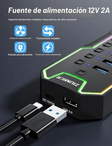 Vista 4 de Hub USB alimentado, concentrador USB 3.0 de 10 puertos con tira de LED RGB y adaptador de corriente de 12 V/2 A, extensión USB, interruptores LED