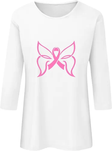 Vista 4 de Camisas de concientización sobre el cáncer de mama para mujer, ajuste holgado, con cinta rosa, casual, manga 34, cuello redondo