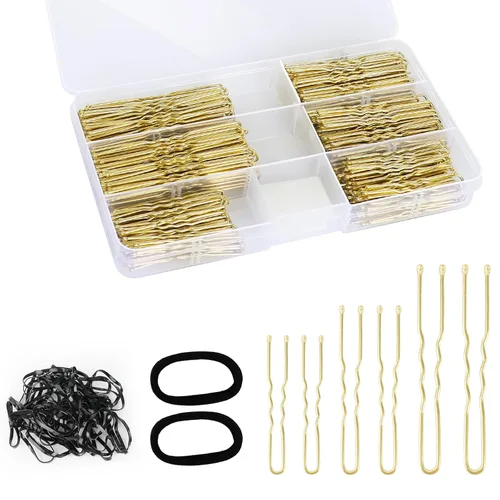 Vista 7 de Juego de 300 horquillas en forma de U para mujeres, niños y niñas: 2.8 pulgadas, 2.4 pulgadas, 2 pulgadas con caja de almacenamiento, 2 lazos Negro