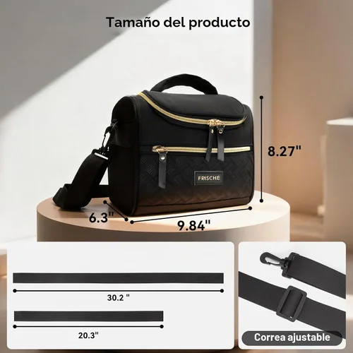 Vista 3 de Lonchera para mujer, reutilizable, aislada, con correa de hombro ajustable y bolsillo frontal, a prueba de fugas, térmicas, a prueba de fugas, Negro