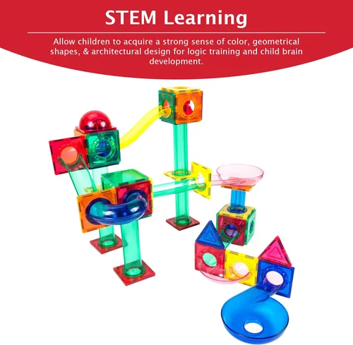 Vista 6 de PicassoTiles Paquete de 70 pistas de carreras de mármol + estuche de transporte: juego educativo STEAM para niños, incluye organizador