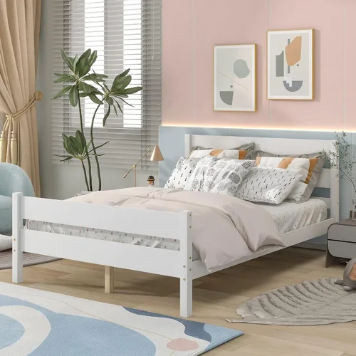 Vista 8 de Marco de cama de plataforma de madera maciza tamaño matrimonial con cabecera de madera, listones resistentes, soporte de cama individual para niños