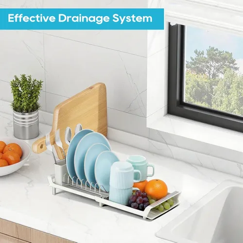Vista 4 de Escurridor pequeño expandible para platos, compacto y ahorra espacio, sin boquillas, sin fugas, duradero, resistente a la corrosión y fácil