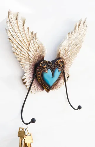 Vista 6 de Ebros Gift Corazón de flor de Lis de cuero sintético rústico occidental con alas de roca turquesa y ángel, ganchos dobles decorativos para colgar