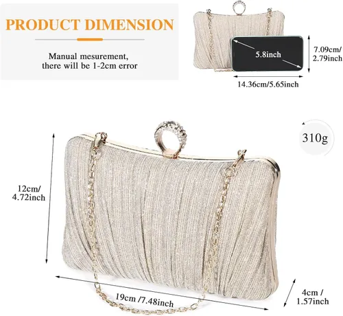 Vista 4 de Tanpell Elegante bolso de noche plisado con purpurina para mujer, bolso formal para novia, boda, graduación, cóctel, fiesta, bolsos
