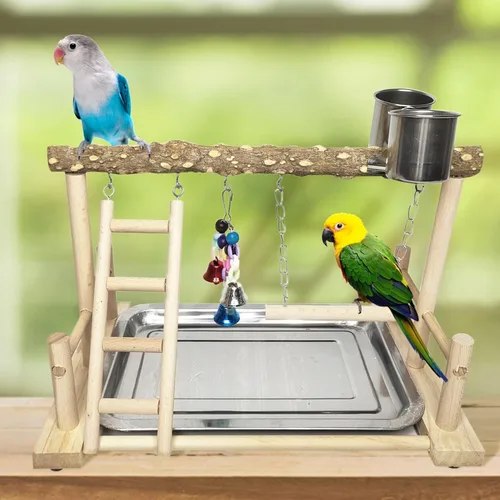 Vista 4 de PINVNBY Parque infantil para pájaros, soporte de madera para ejercicio, perca, gimnasio, escalera, con comedero, columpio, juguetes para periquitos