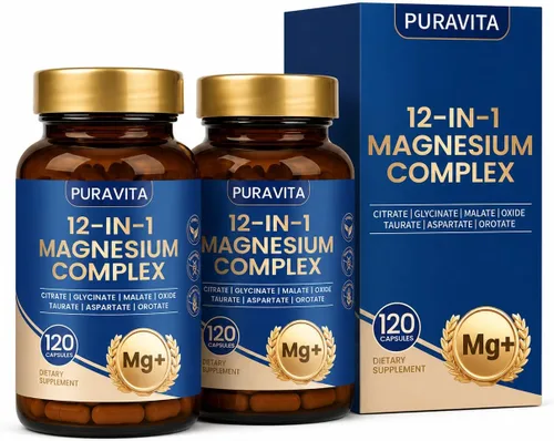 Vista 8 de Puravita Complejo 12 en 1 de magnesio, magnesio 12 en 1, para mujeres y hombres con glicinato, citrato, malato, óxido, taurat y más para apoyo