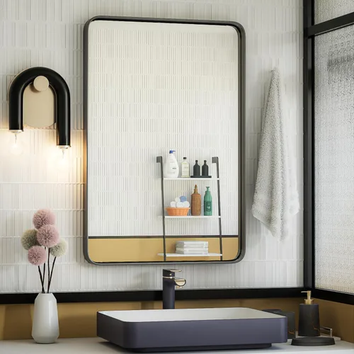 Vista 41 de ISKM Espejo con marco negro para pared de 20 x 16 pulgadas, espejo de tocador de baño antioxidante, vidrio templado, espejo rectangular redondeado