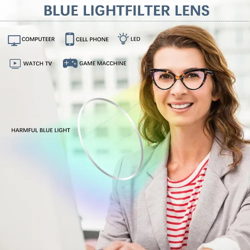 Vista 4 de Pack de 6 gafas de moda de ojo de gato para mujer con bloqueo de luz azul, bisagras de resorte extra grandes, lentes para computadora