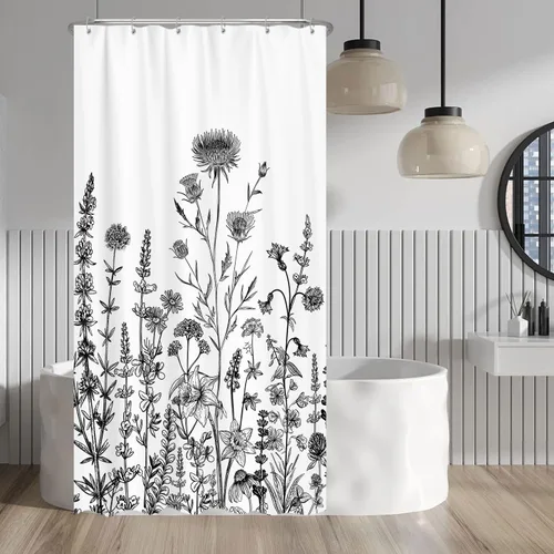 Vista 11 de Cortina de ducha de mariposa floral negra y dorada, cortina de ducha bohemia con diseño botánico de flores oscuras para baño con gancho, juego