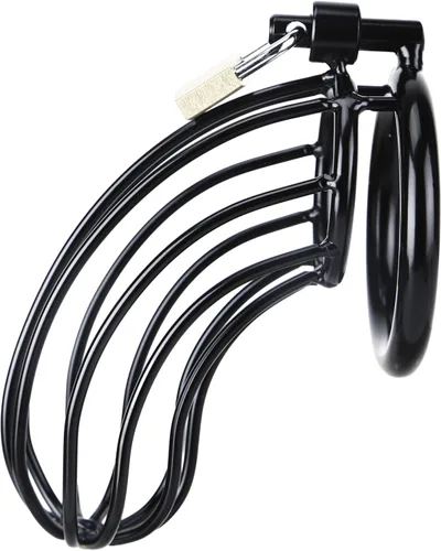 Vista 5 de Jaula de castidad masculina – Jaula de metal grande para pene con dispositivo de castidad bloqueado con 3 tamaños de anillos y 2 llaves, juguetes