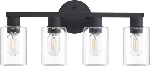 Vista 8 de Lámpara de tocador de baño de 4 luces, lámparas de baño negro mate con pantalla de vidrio transparente, 4 luces de tocador, accesorios