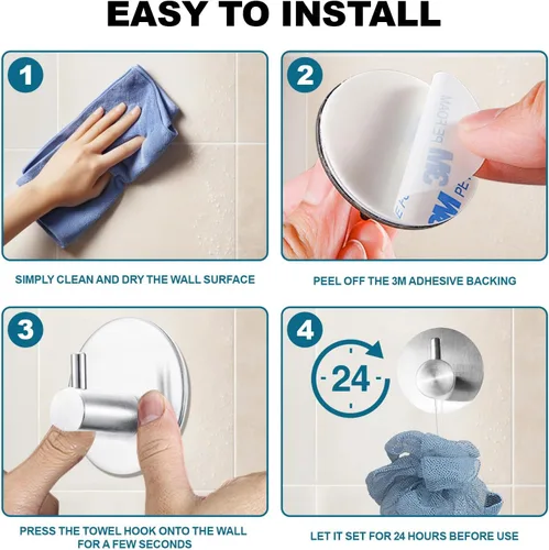 Vista 6 de Ganchos para Toallas de Baño (Paquete de 4) Gancho Adhesivo para Toallas Ganchos de Ducha para Interior de Ducha - Ganchos Adhesivos de Pared