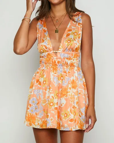 Vista 2 de Vestido corto casual de verano para mujer, diseño floral, cuello en V, sin mangas, con lazo, sin espalda, acampanado, vestido corto para fiesta