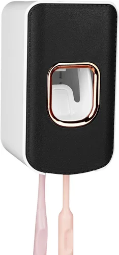 Vista 6 de Soporte de plástico para cepillos de dientes de 2 ranuras y dispensador de pasta de dientes montado en la pared, exprimidor automático de pasta