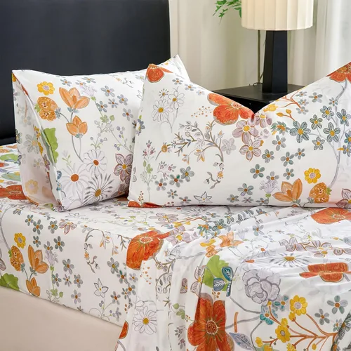 Vista 9 de Zusbest Juego de sábanas florales de 100 % algodón percal, color naranja y amarillo, juego de sábanas suaves y transpirables con diseño botánico