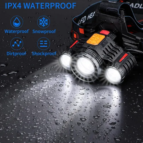 Vista 3 de Linterna recargable LED, 6000 lúmenes altos, lámpara de cabeza brillante para adluts, cabeza USB, linterna ajustable, linterna impermeable