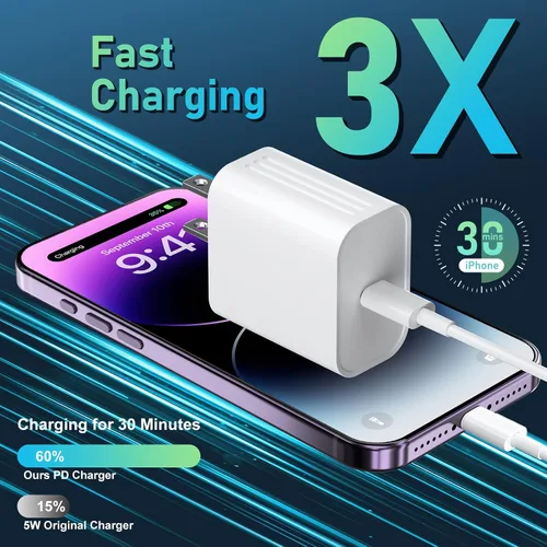 Vista 2 de DiHines Cargador rápido para teléfono 14, 13, 12, 11, cargador de teléfono de 12 pies de largo, cable Lightning de carga rápida y bloque de carga