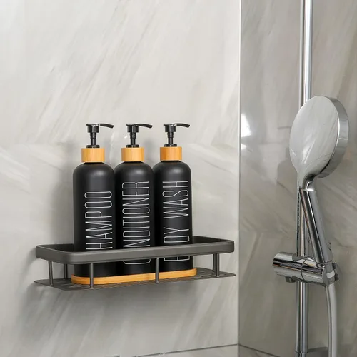 Vista 5 de Dispensador de champú y acondicionador Prus Waso con bombas y bandeja de bambú, perfecto para artículos esenciales del baño para un nuevo hogar Negro