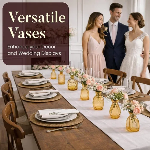 Vista 3 de 12 jarrones ámbar de alta calidad con bordes dorados, pequeños jarrones a granel para decoración de mesa y boda, mini jarrones para flores, centros