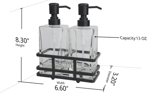 Vista 5 de Juego de dispensador de loción y jabón de vidrio cuadrado transparente con bomba y soporte de metal para baño, cocina, hogar, oficina, viaje, hotel