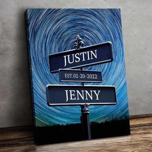 Vista 50 de CP CANVASPATH Letrero de calle con el nombre de la pareja y la fecha, impresiones personalizadas en lienzo del puente de Manhattan por la noche