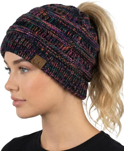 Vista 11 de Funky Junque Gorro de Cola de Caballo para Mujeres - Gorro de Invierno Ponyback Suave Elástico de Punto Trenzado Cola Alta Gorros para Correr