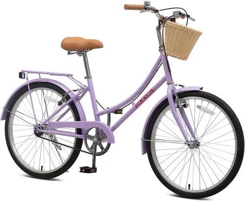 Vista 12 de ACEGER Girls Bike with Rattan Basket for 10+ Years, 24" 26" 1 & 7 Speed Comfort Commute Bicycle, Included Dual Brakes & Seat Rack, Adjustable