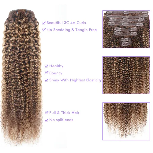 Vista 6 de Extensiones de cabello humano real rizado con clip, balayage, color marrón chocolate a rubio caramelo, 8 piezas con 18 clips, 4.23 oz/juego