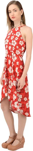 Vista 3 de CowCow Vestido de verano con cuello en V para mujer, diseño de hibisco hawaiano, flores tropicales, floral, vestido de gasa con cuello halter, Verde