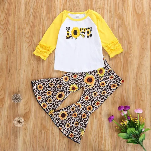 Vista 2 de 2 unids bebé niñas girasol otoño ropa fuera del hombro camiseta superior volante flare pantalones conjunto niños campana inferior trajes