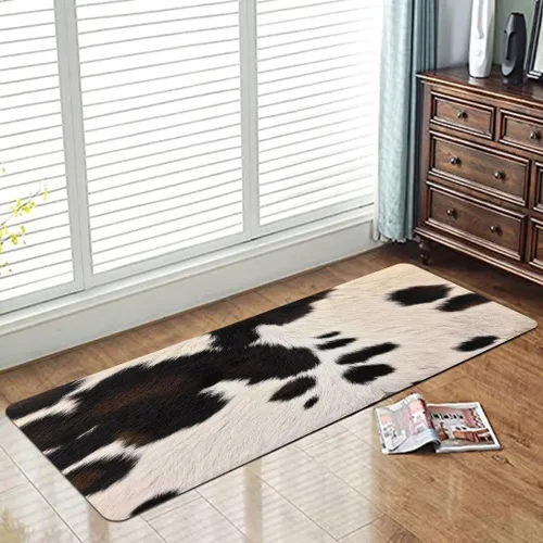 Vista 3 de Alfombra de piel de vaca para sala de estar, alfombra larga con estampado de vaca para pasillo, estampado de piel de vaca negra y marrón, alfombra