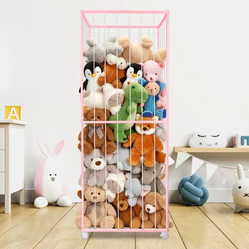 Vista 8 de Almacenamiento de animales de peluche, tubo de metal extra grande organizador de almacenamiento de juguetes con ruedas de freno, soporte